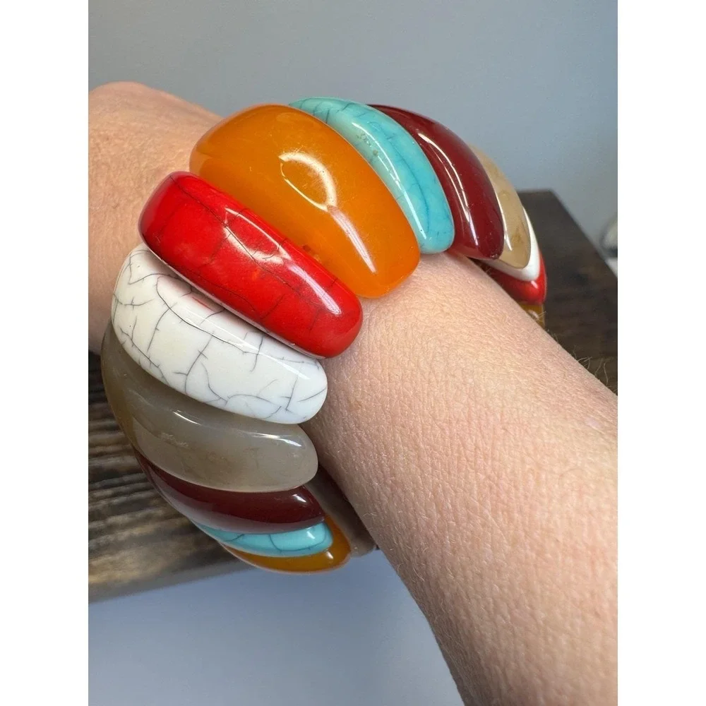VTG Multicolored Lucite‎ Panel Stretch Bracelet Western Boho Chunky Statement